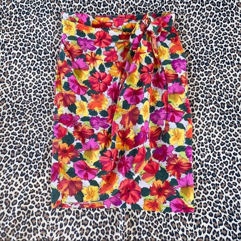 Vintage 12 Large 100% Silk Faux Wrap Skirt Tied Orange Floral Green Tan Vacation